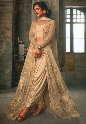 Embroidered Net Jacket Style Suit in Beige