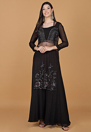 Embroidered Net Kurta Set in Dark Brown