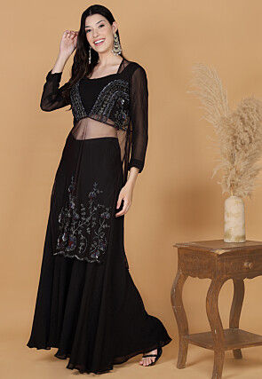 Embroidered Net Kurta Set in Dark Brown
