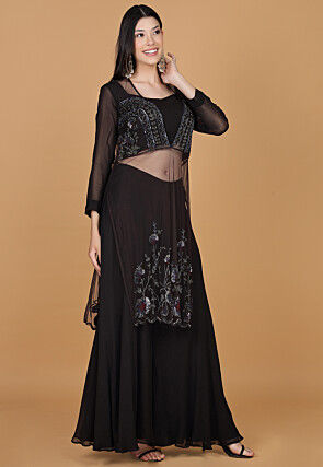 Embroidered Net Kurta Set in Dark Brown