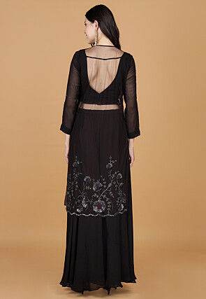 Embroidered Net Kurta Set in Dark Brown
