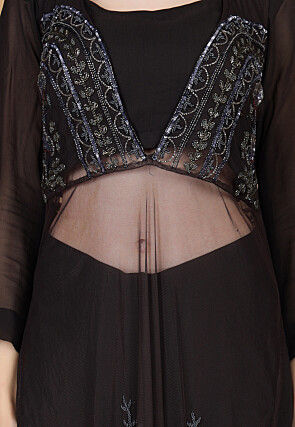 Embroidered Net Kurta Set in Dark Brown