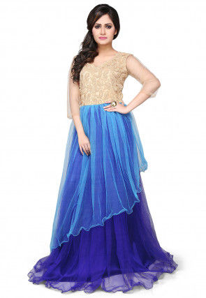 Embroidered Net Layered Gown In Blue