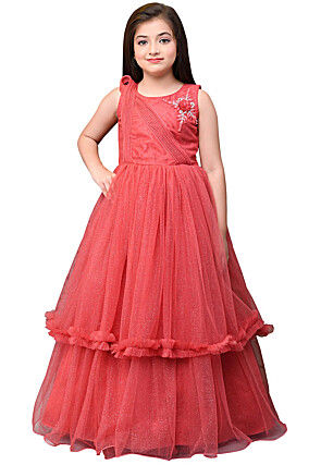 Embroidered Net Layered Gown in Coral Red