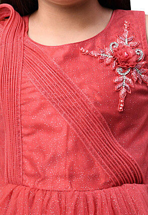 Embroidered Net Layered Gown in Coral Red