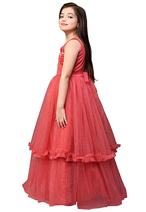 Embroidered Net Layered Gown in Coral Red