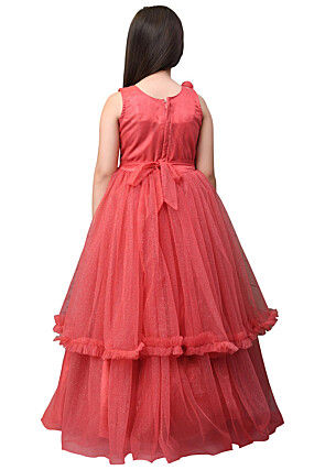 Embroidered Net Layered Gown in Coral Red