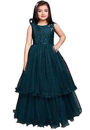 Embroidered Net Layered Gown in Teal Blue