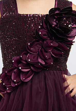 Embroidered Net Layered Gown in Wine
