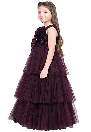 Embroidered Net Layered Gown in Wine