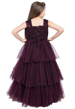 Embroidered Net Layered Gown in Wine