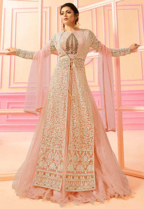 Embroidered Net Lehenga in Baby Pink