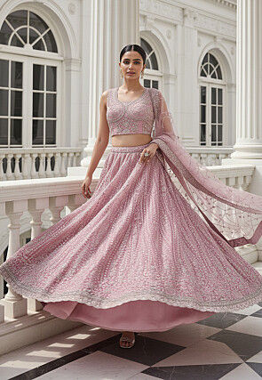 Embroidered Net Lehenga in Baby Pink