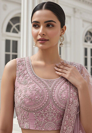 Embroidered Net Lehenga in Baby Pink