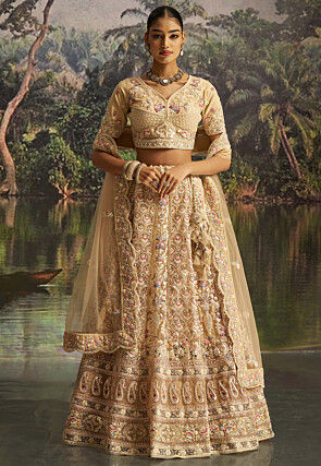 Embroidered Net Lehenga in Beige
