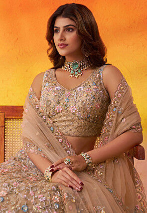 Embroidered Net Lehenga in Beige