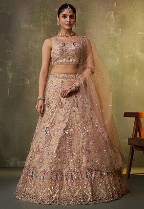 Embroidered Net Lehenga in Beige