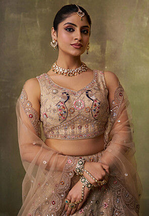 Embroidered Net Lehenga in Beige