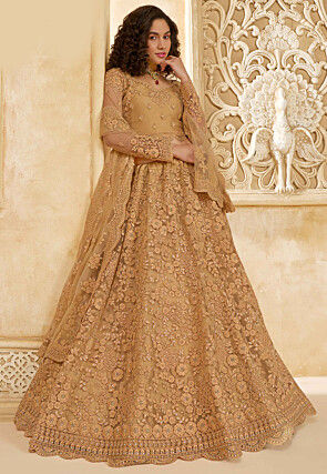 Embroidered Net Lehenga in Beige