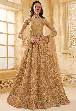 Embroidered Net Lehenga in Beige