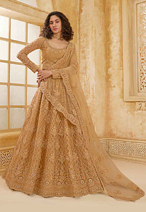 Embroidered Net Lehenga in Beige