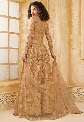 Embroidered Net Lehenga in Beige