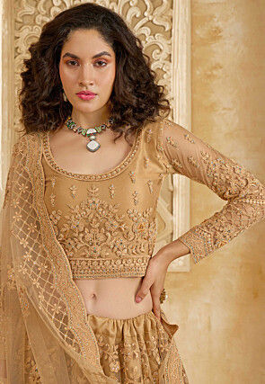 Embroidered Net Lehenga in Beige