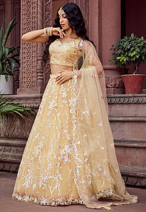 Embroidered Net Lehenga in Beige