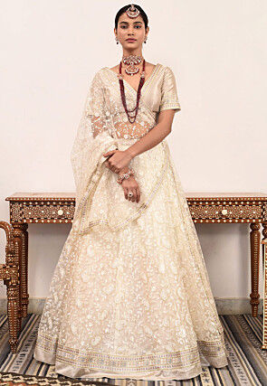 Embroidered Net Lehenga in Beige
