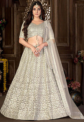 Embroidered Net Lehenga in Beige