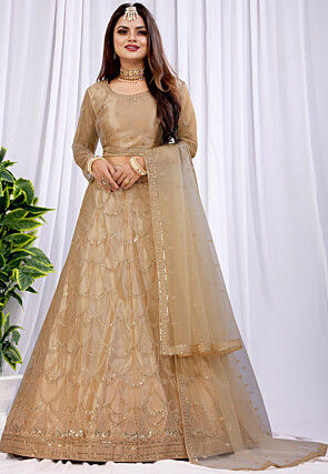 Embroidered Net Lehenga in Beige