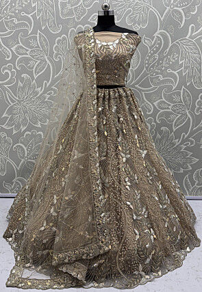 Embroidered Net Lehenga in Beige
