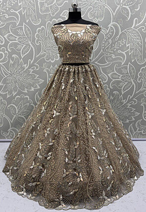 Embroidered Net Lehenga in Beige