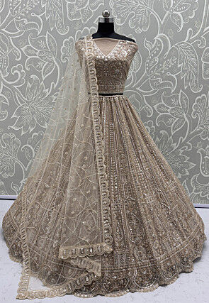 Embroidered Net Lehenga in Beige