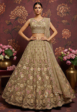 Embroidered Net Lehenga in Beige