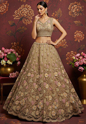Embroidered Net Lehenga in Beige