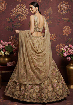 Embroidered Net Lehenga in Beige