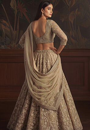 Embroidered Net Lehenga in Beige
