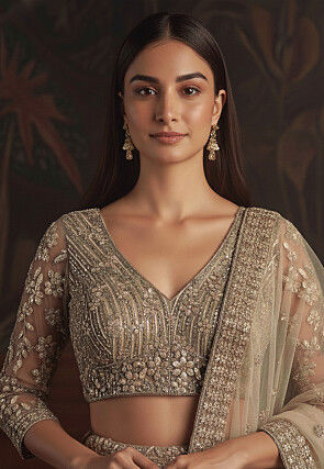 Embroidered Net Lehenga in Beige