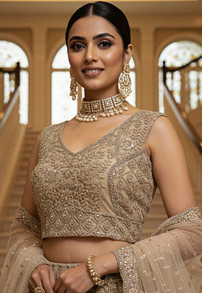 Embroidered Net Lehenga in Beige