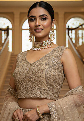 Embroidered Net Lehenga in Beige