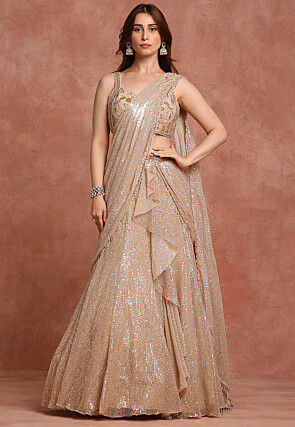 Embroidered Net Lehenga in Beige