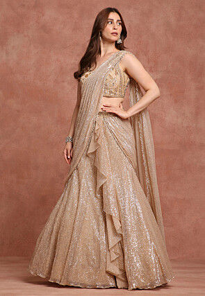 Embroidered Net Lehenga in Beige