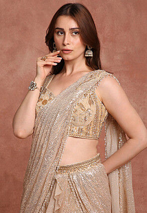 Embroidered Net Lehenga in Beige