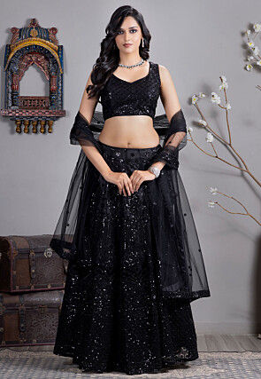 Embroidered Net Lehenga in Black