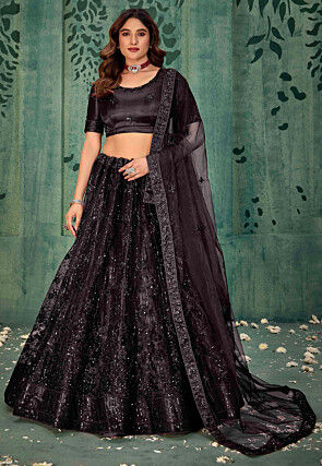 Embroidered Net Lehenga in Black