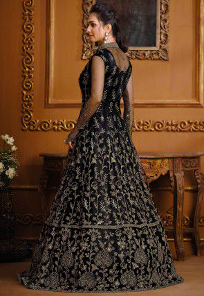 Embroidered Net Lehenga in Black