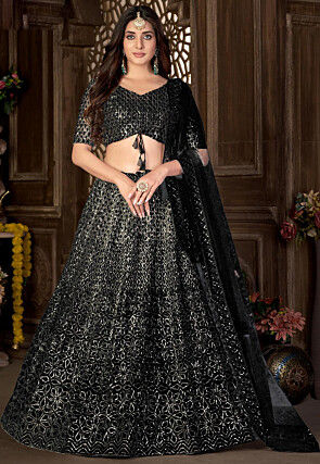 Embroidered Net Lehenga in Black
