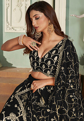 Embroidered Net Lehenga in Black