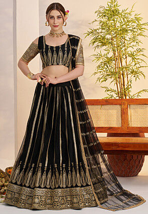 Embroidered Net Lehenga in Black